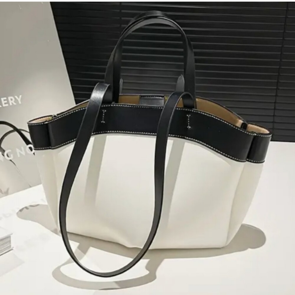 Elegant Black and White PU Shoulder Tote Bag
